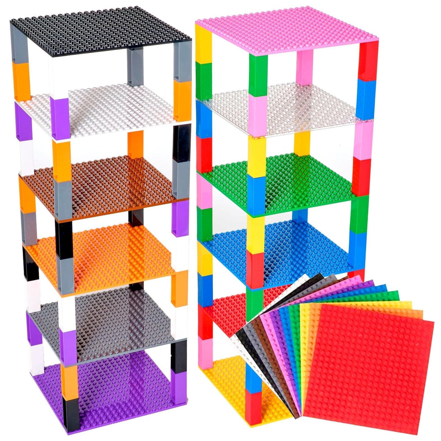 Strictly Briks Stackable Baseplates – LEGO-Compatible Rainbow 6x6 Set with 12 Baseplates & 80 Stackers