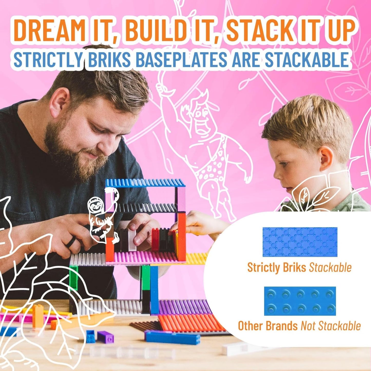Strictly Briks Stackable Baseplates – LEGO-Compatible Rainbow 6x6 Set with 12 Baseplates & 80 Stackers