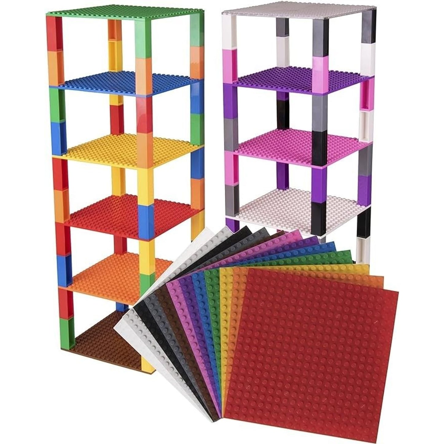 Strictly Briks Stackable Baseplates – LEGO-Compatible Rainbow 6x6 Set with 12 Baseplates & 80 Stackers