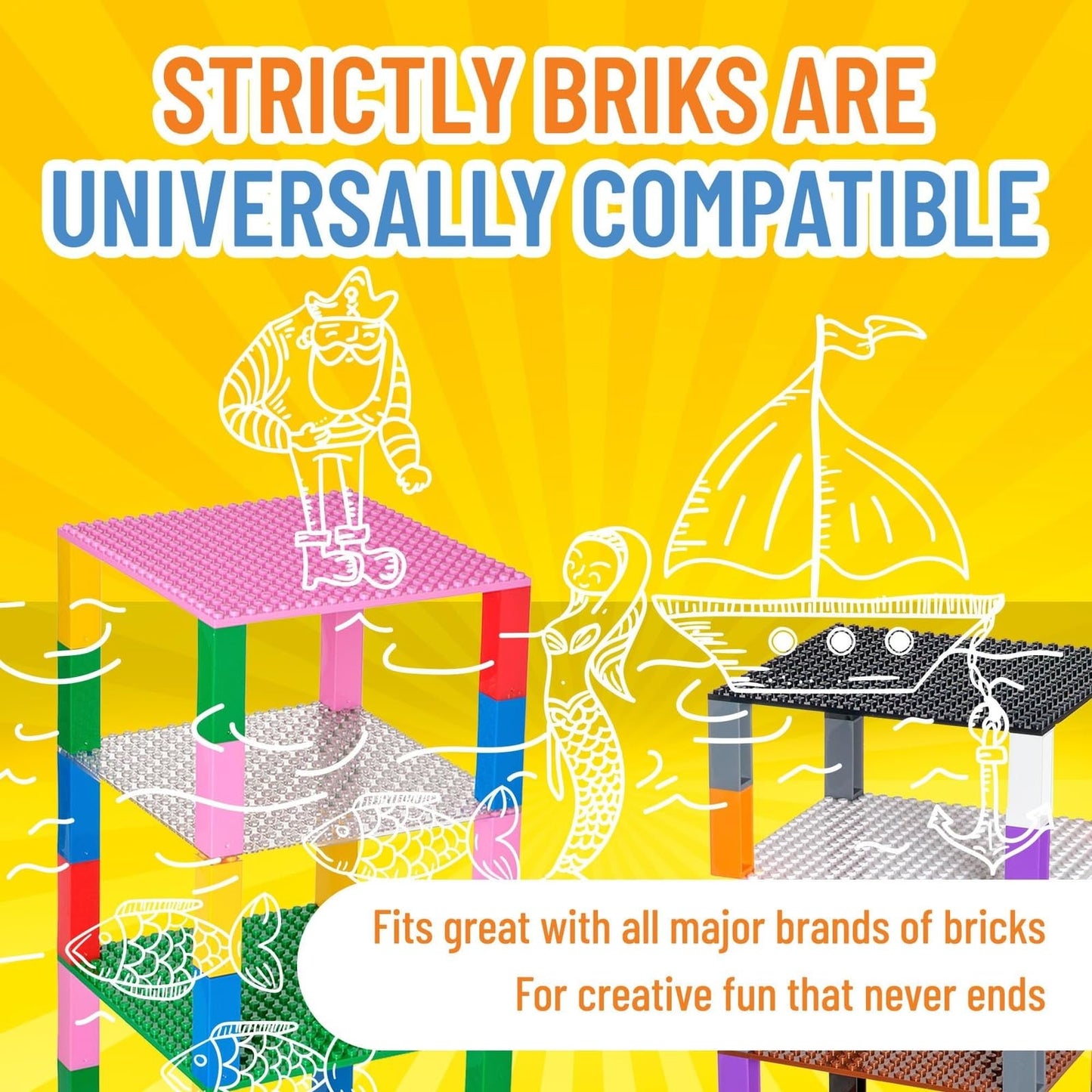 Strictly Briks Stackable Baseplates – LEGO-Compatible Rainbow 6x6 Set with 12 Baseplates & 80 Stackers