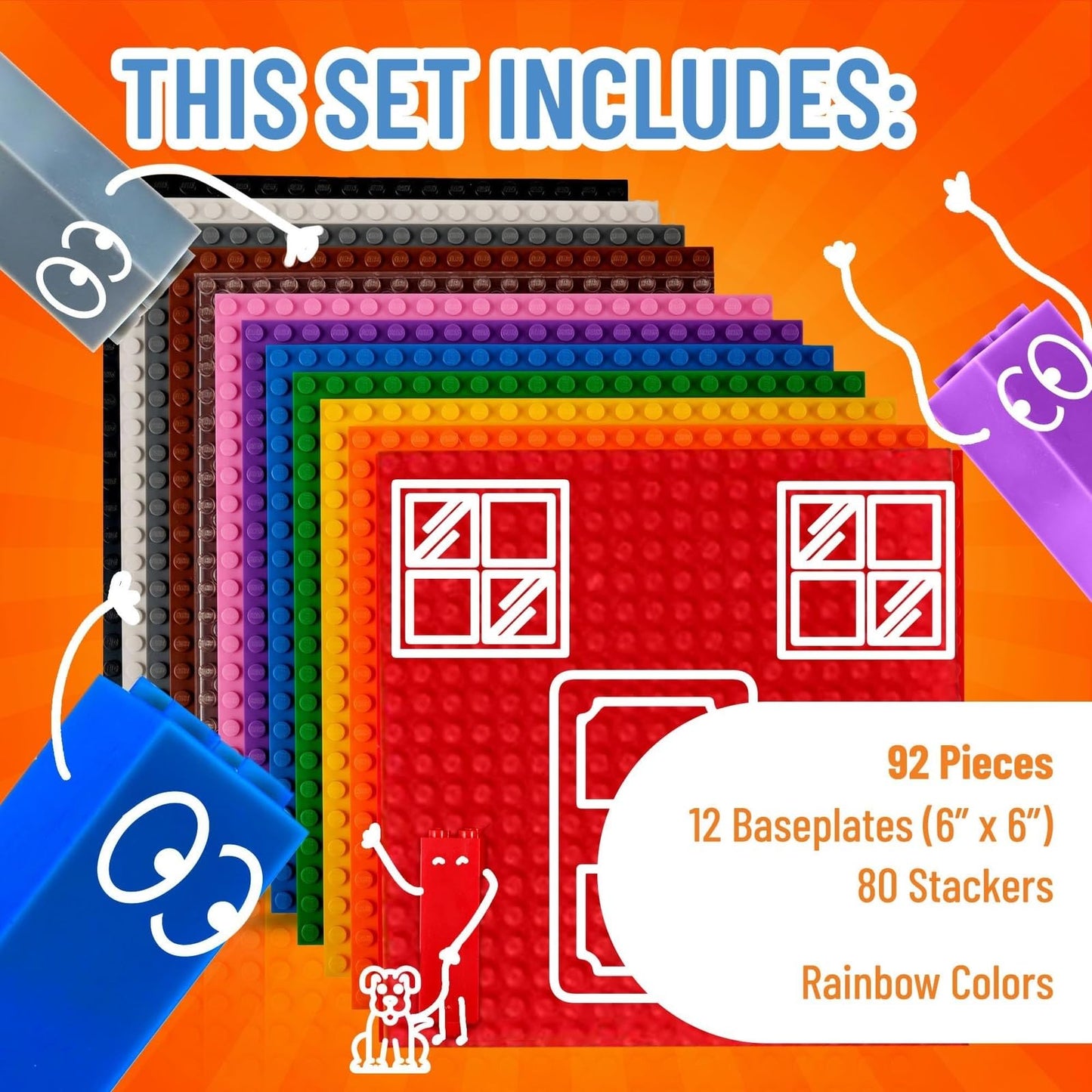 Strictly Briks Stackable Baseplates – LEGO-Compatible Rainbow 6x6 Set with 12 Baseplates & 80 Stackers