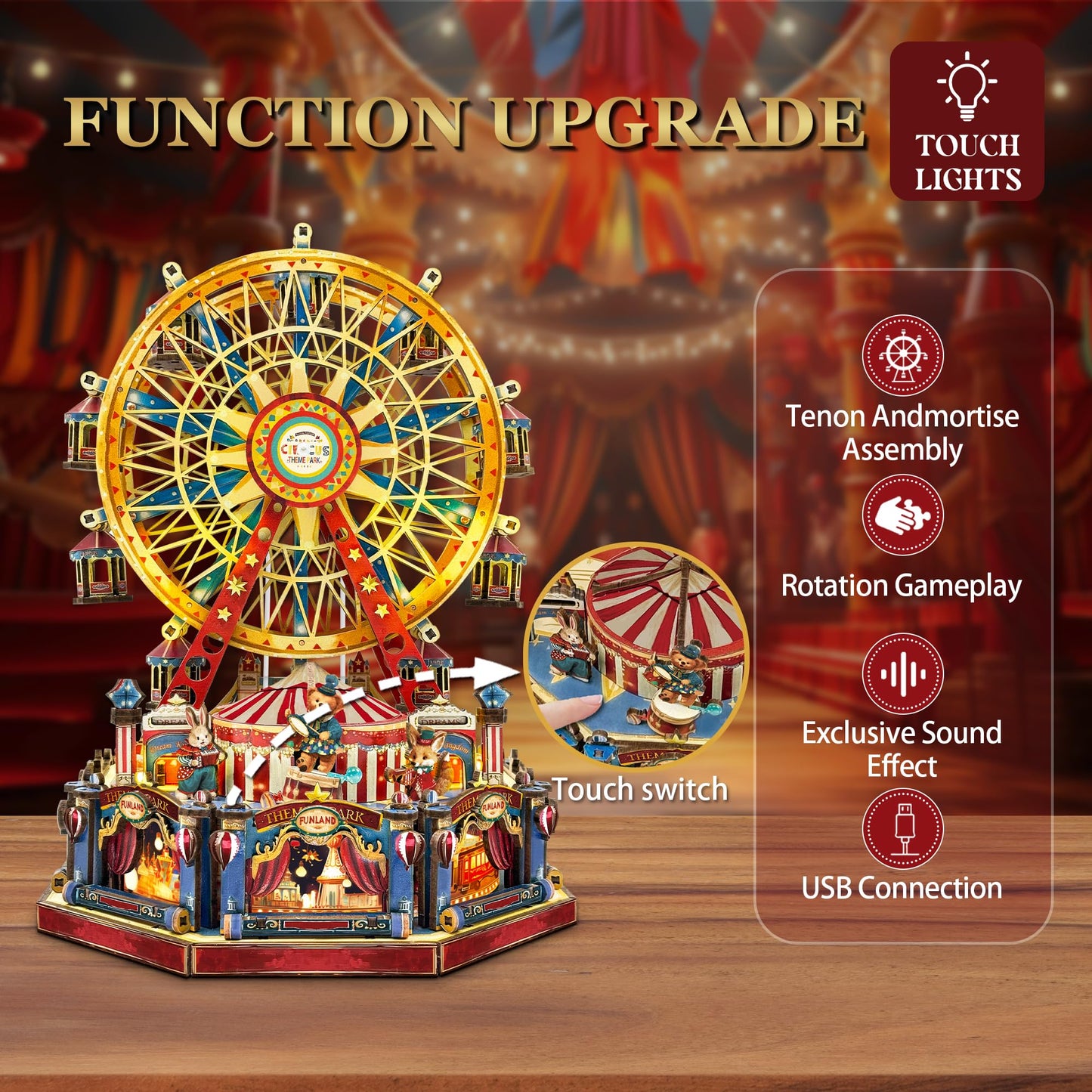 STRUCWOOD DIY 3D Ferris Wheel Puzzle – Lights, Music, USB-Powered Circus Kit