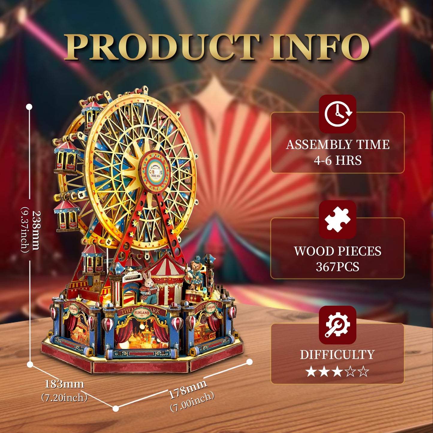 STRUCWOOD DIY 3D Ferris Wheel Puzzle – Lights, Music, USB-Powered Circus Kit
