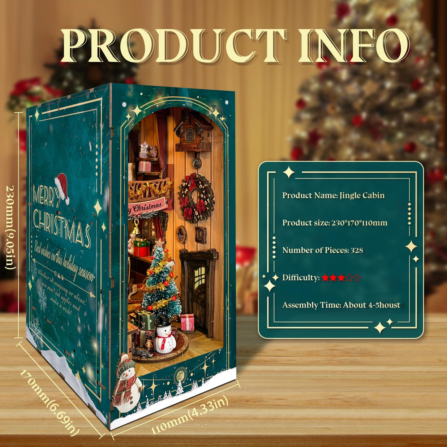 STRUCWOOD DIY Book Nook Kit – Jingle Cabin Christmas Miniature House (SQ-34) | Rotating Decor