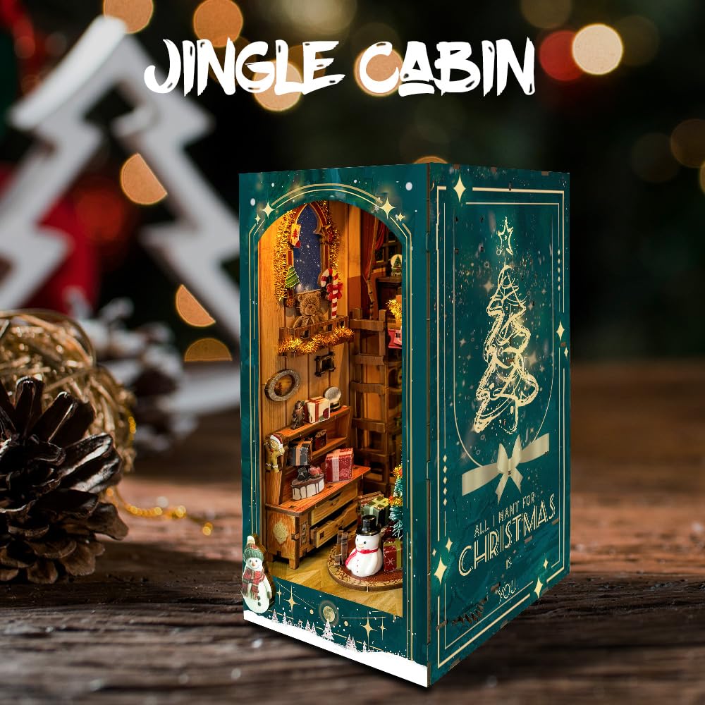 STRUCWOOD DIY Book Nook Kit – Jingle Cabin Christmas Miniature House (SQ-34) | Rotating Decor