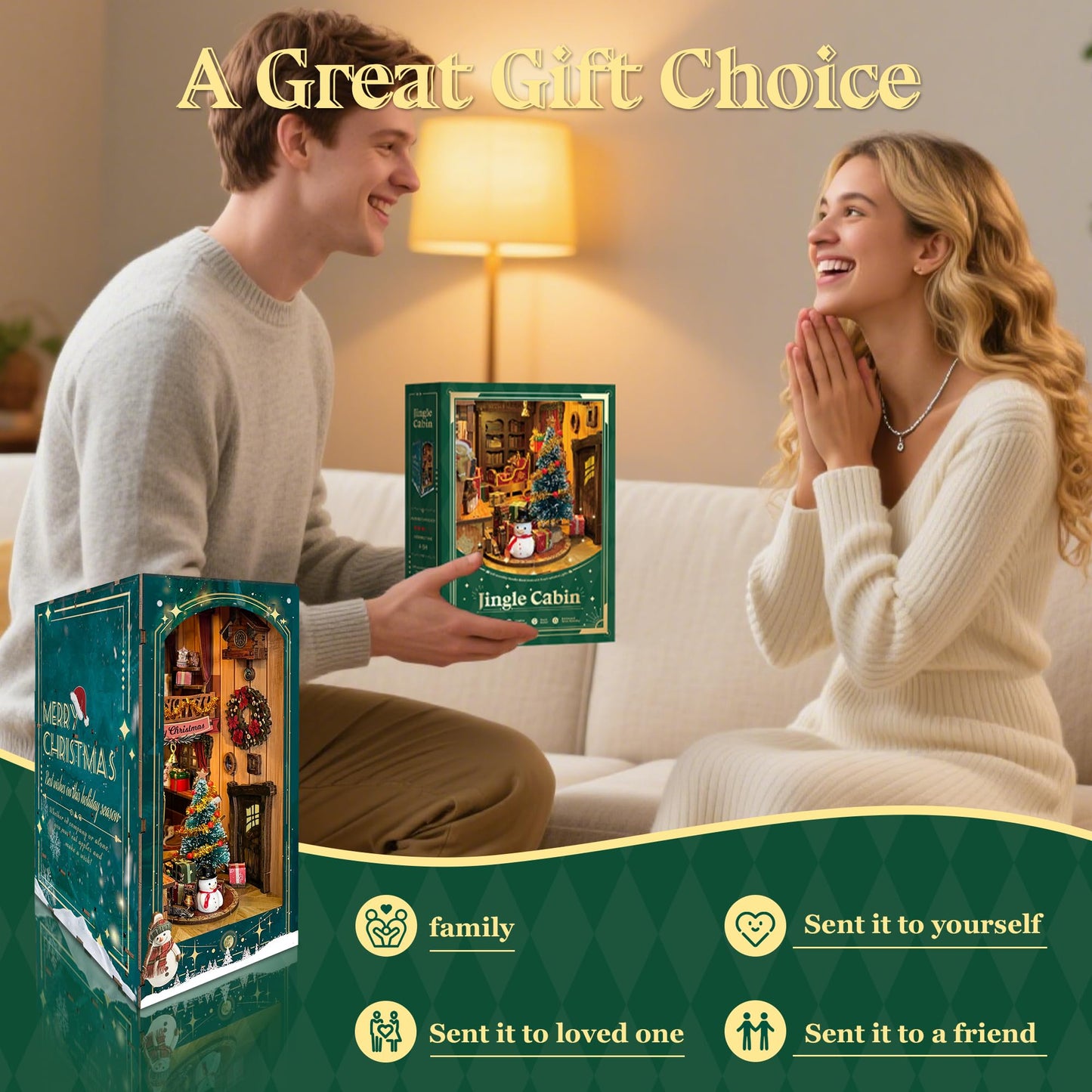 STRUCWOOD DIY Book Nook Kit – Jingle Cabin Christmas Miniature House (SQ-34) | Rotating Decor