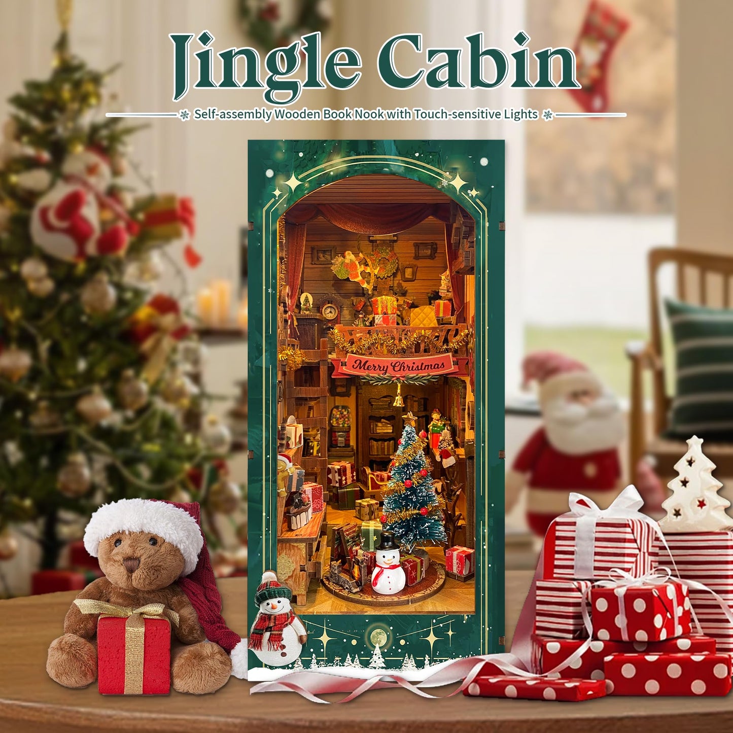 STRUCWOOD DIY Book Nook Kit – Jingle Cabin Christmas Miniature House (SQ-34) | Rotating Decor