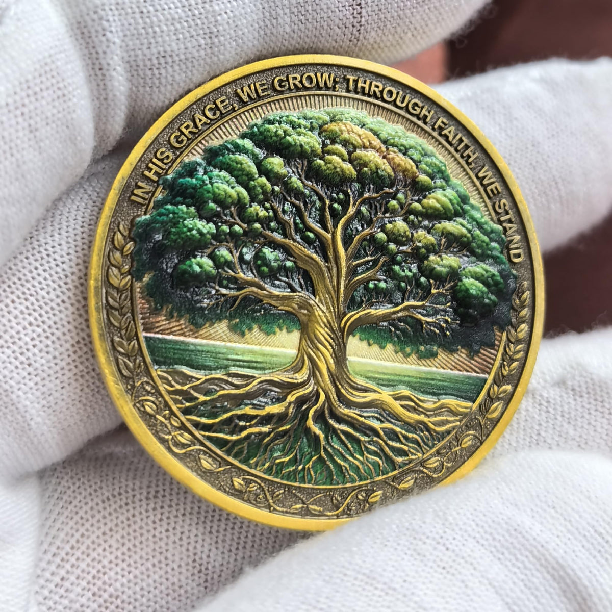 Strugglejewelry Tree of Faith Challenge Coin – Rooted in Grace (Colossians 2:6-7) – Gold