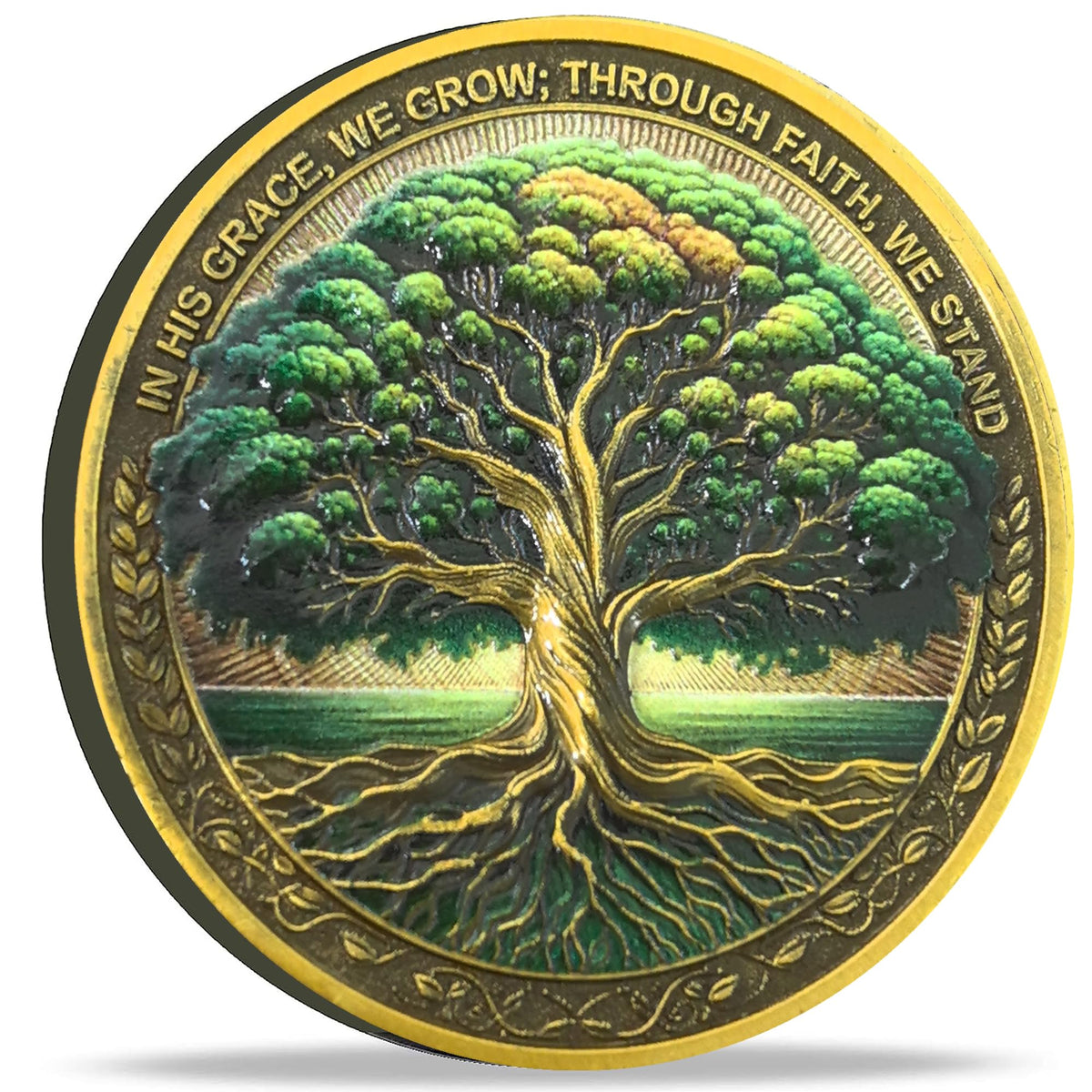 Strugglejewelry Tree of Faith Challenge Coin – Rooted in Grace (Colossians 2:6-7) – Gold