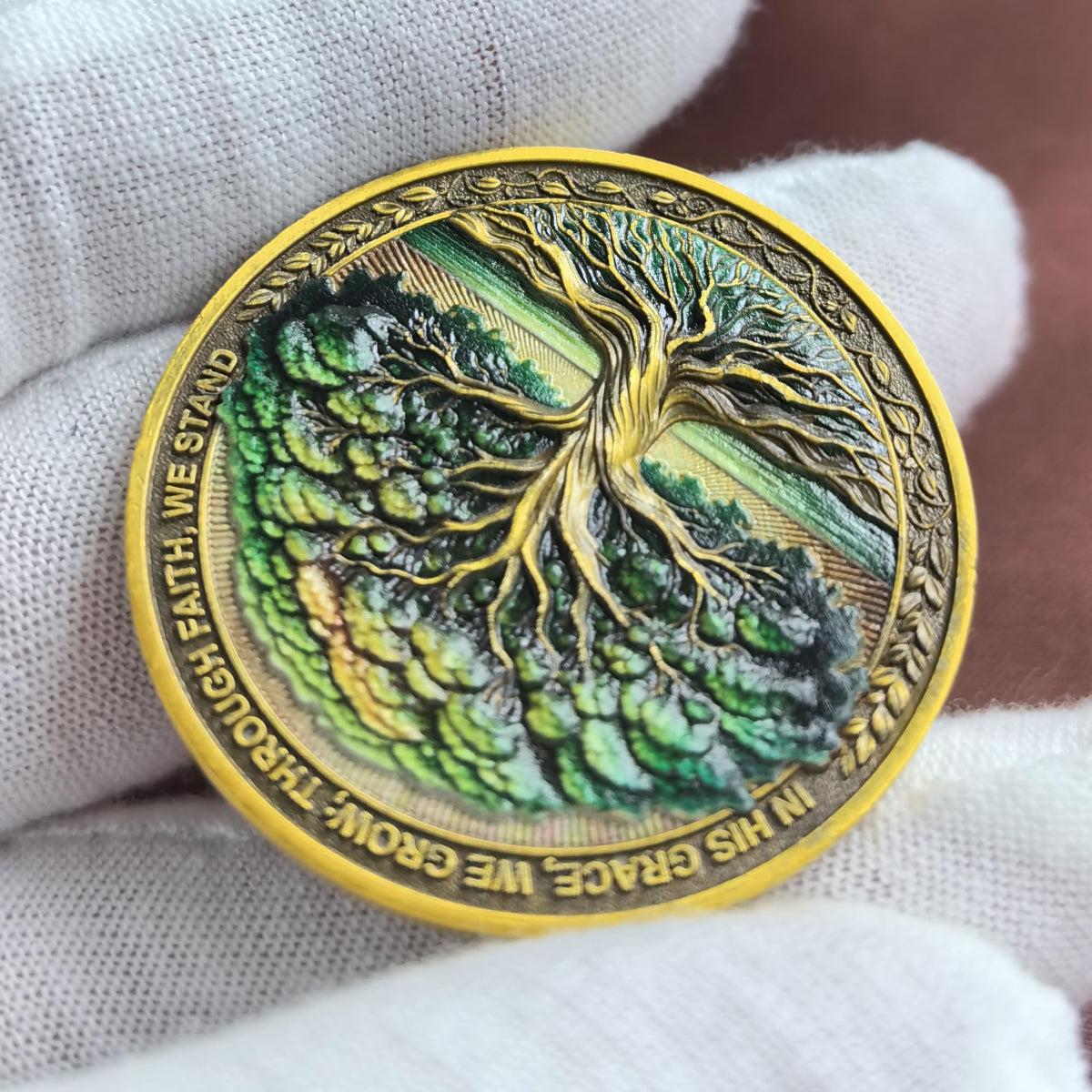 Strugglejewelry Tree of Faith Challenge Coin – Rooted in Grace (Colossians 2:6-7) – Gold