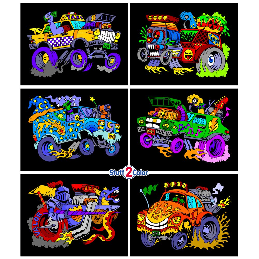 Stuff2Color Monster Cars and Trucks Fuzzy Poster Coloring 6-Pack