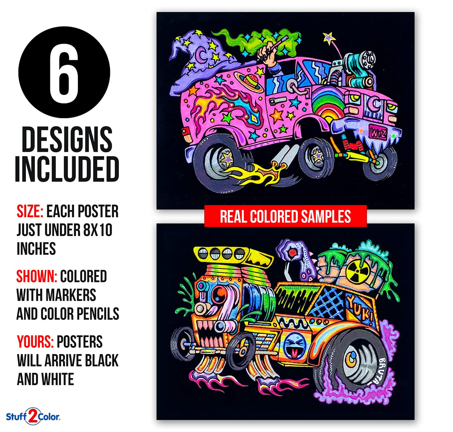 Stuff2Color Monster Cars and Trucks Fuzzy Poster Coloring 6-Pack