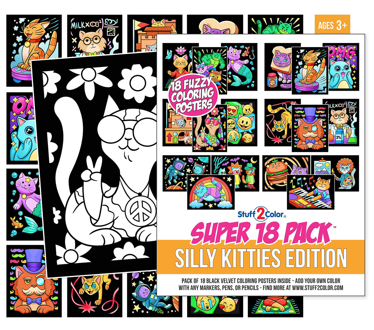 Stuff2Color 18-Poster Fuzzy Coloring Pack — Silly Kitties Edition (All Ages)