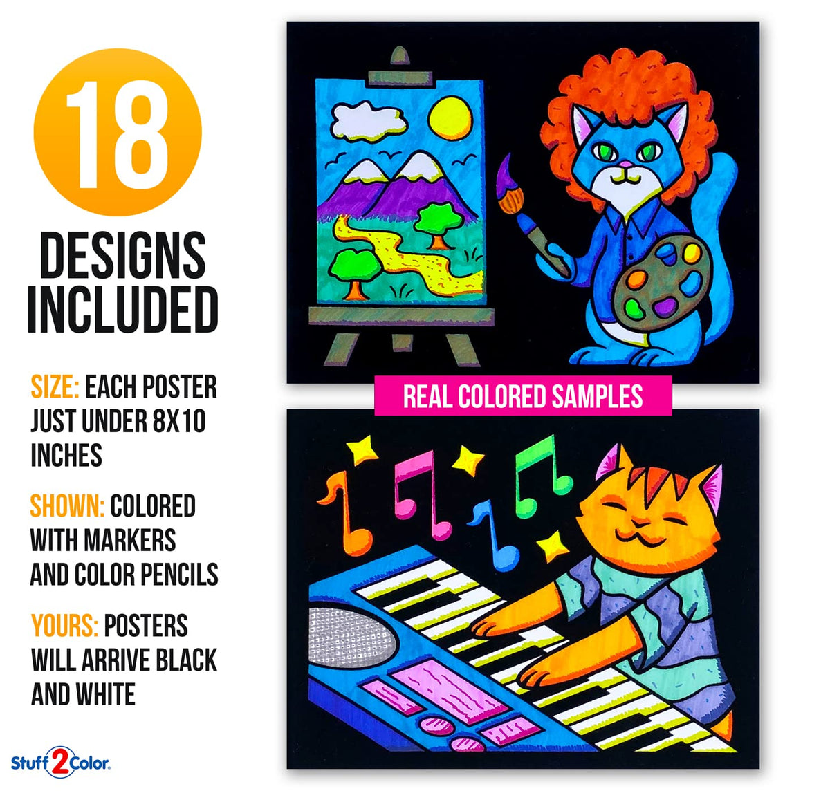 Stuff2Color 18-Poster Fuzzy Coloring Pack — Silly Kitties Edition (All Ages)