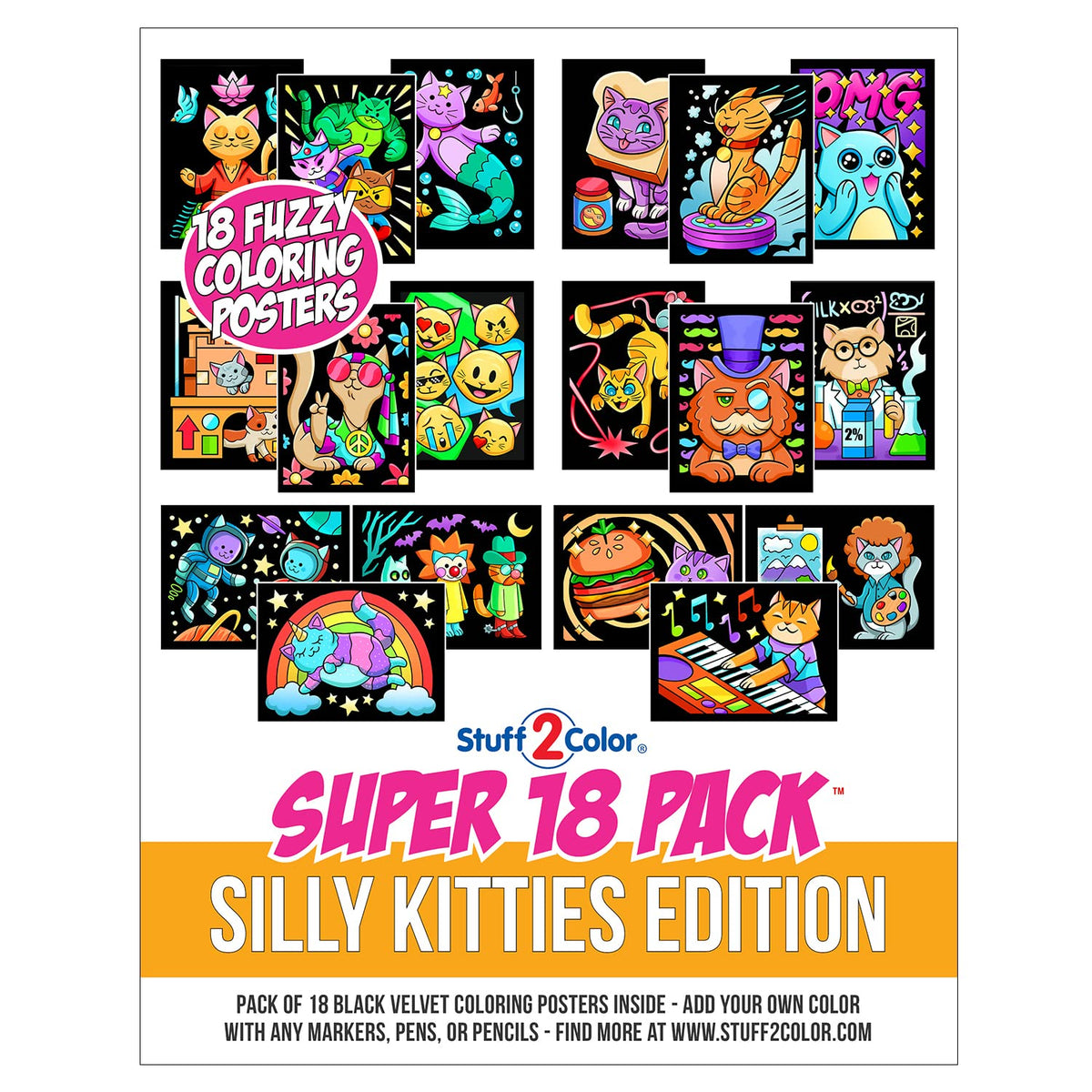 Stuff2Color 18-Poster Fuzzy Coloring Pack — Silly Kitties Edition (All Ages)