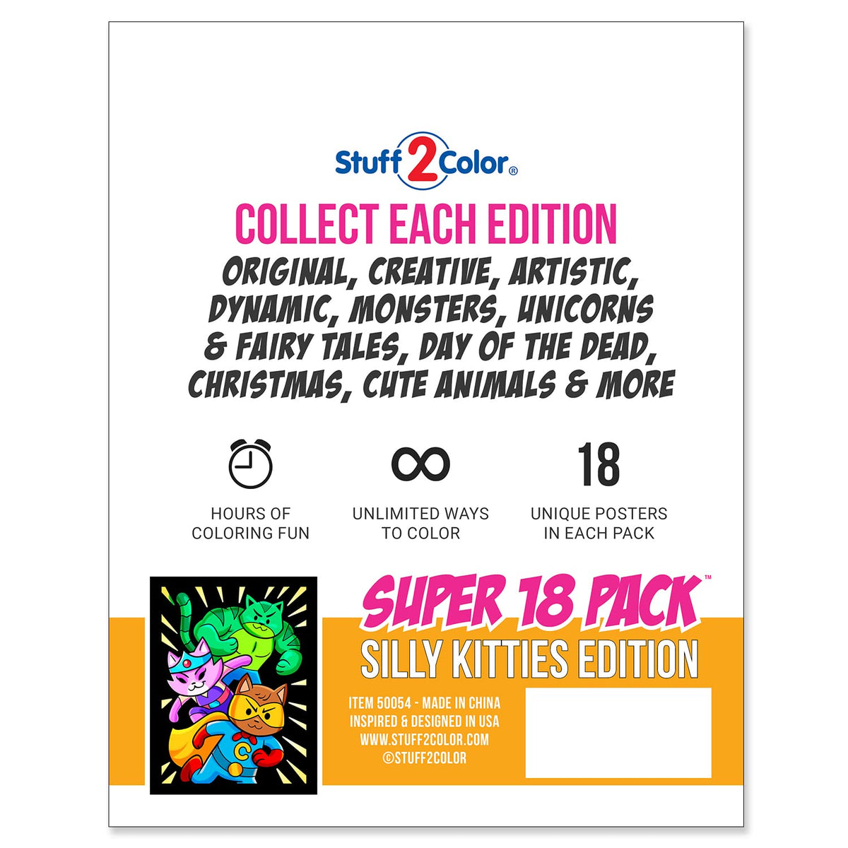 Stuff2Color 18-Poster Fuzzy Coloring Pack — Silly Kitties Edition (All Ages)