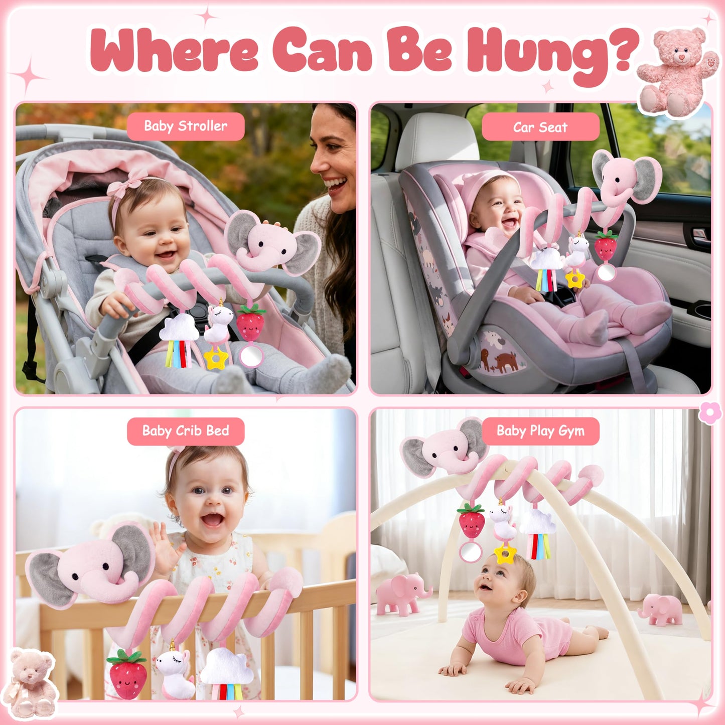 Stuffed Spiral Car Seat Toys for Baby Girls 0-6 Months – Pink Elephant, Strawberry & Unicorn