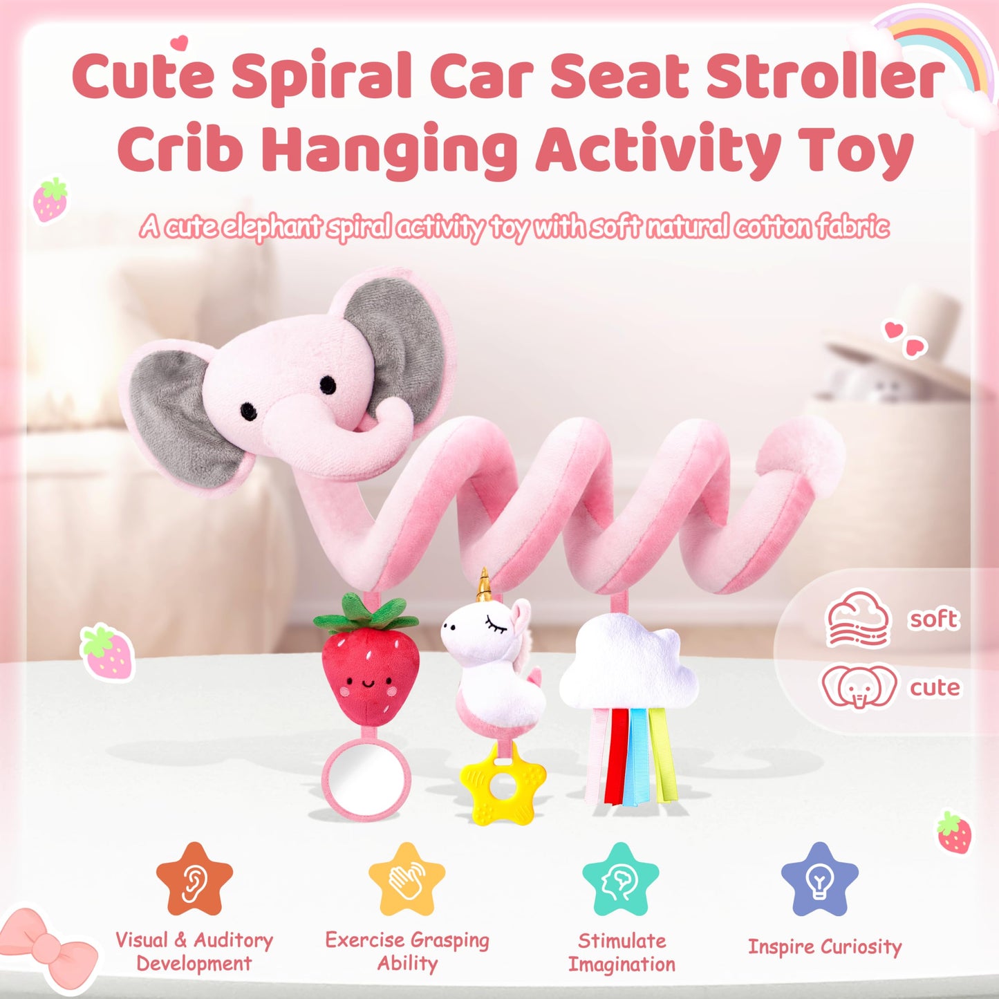 Stuffed Spiral Car Seat Toys for Baby Girls 0-6 Months – Pink Elephant, Strawberry & Unicorn
