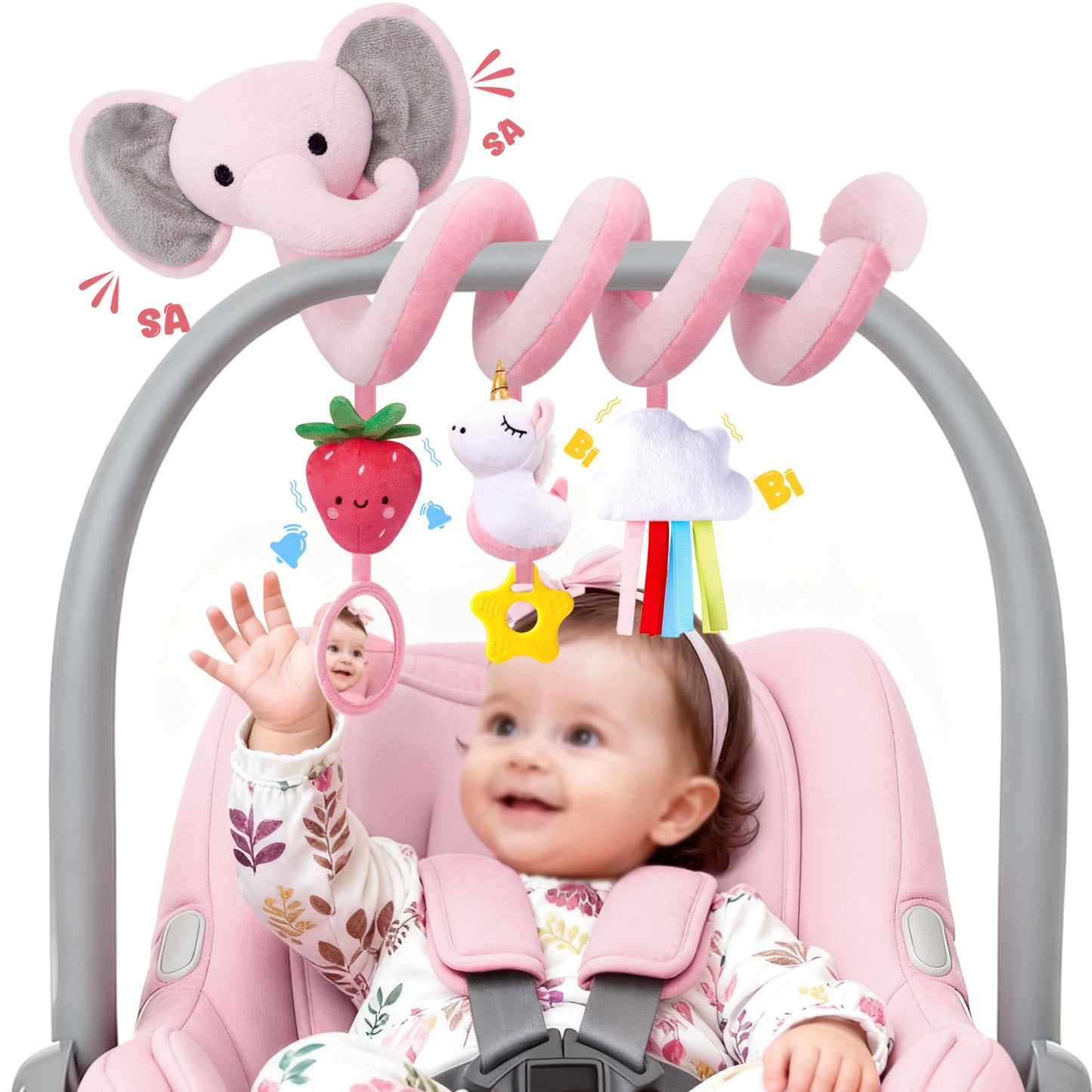 Stuffed Spiral Car Seat Toys for Baby Girls 0-6 Months – Pink Elephant, Strawberry & Unicorn