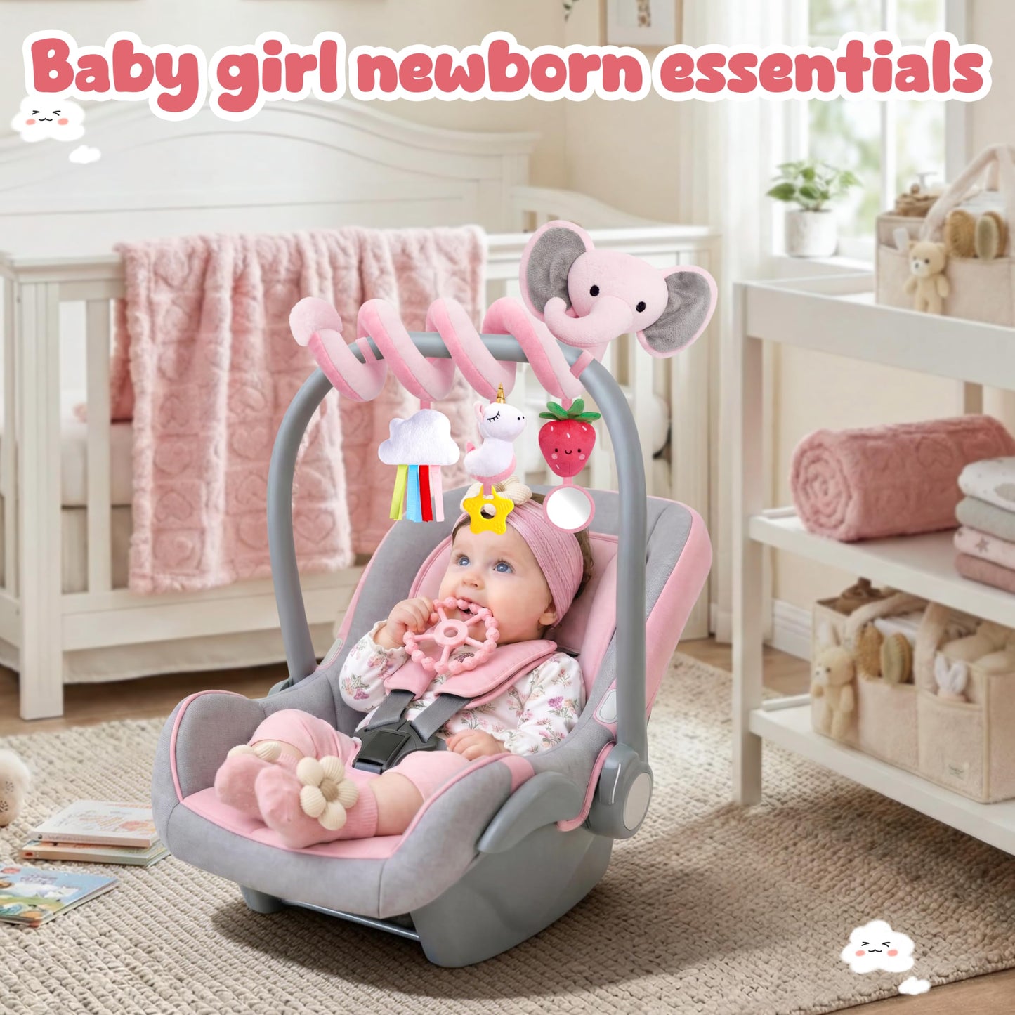 Stuffed Spiral Car Seat Toys for Baby Girls 0-6 Months – Pink Elephant, Strawberry & Unicorn