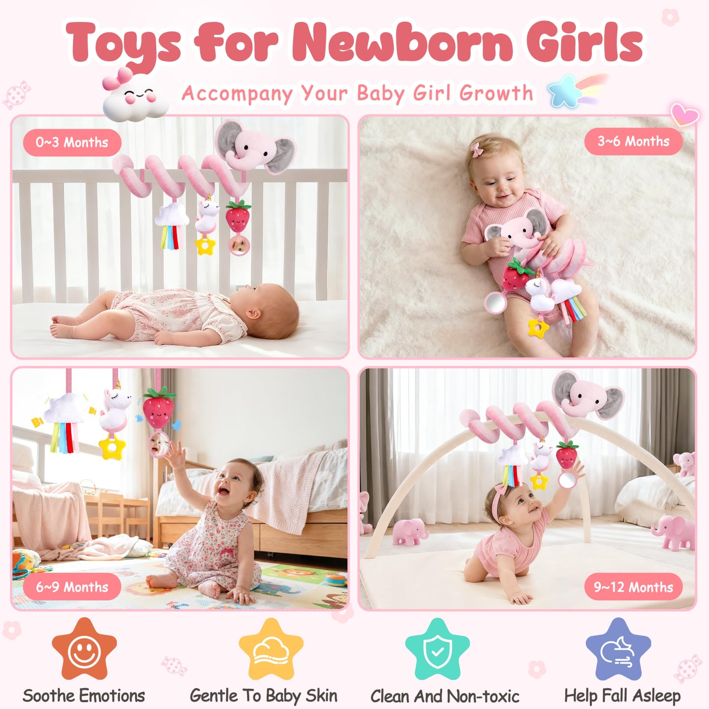 Stuffed Spiral Car Seat Toys for Baby Girls 0-6 Months – Pink Elephant, Strawberry & Unicorn