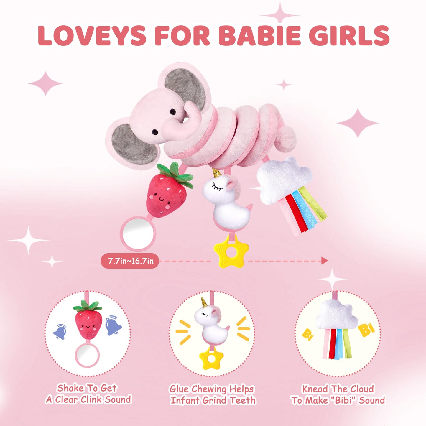Stuffed Spiral Car Seat Toys for Baby Girls 0-6 Months – Pink Elephant, Strawberry & Unicorn