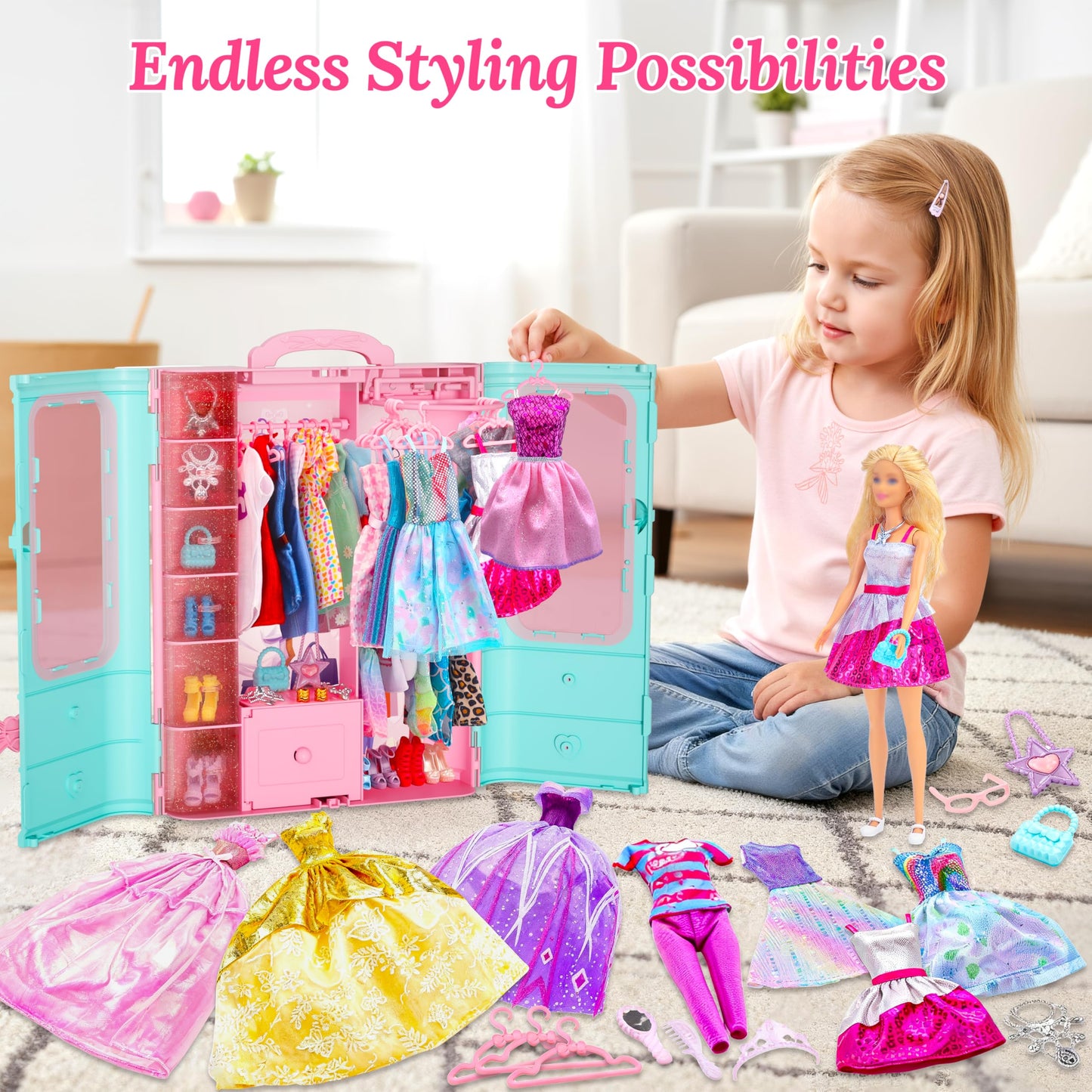 Style Shine 70 Pcs Doll Closet with Clothes & Accessories – Gowns & Dresses