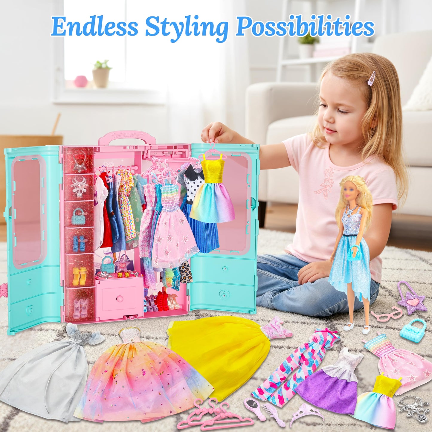 Style Shine 70 Pcs Doll Closet Playset – Clothes, Gowns, Dresses, Shoes & Accessories