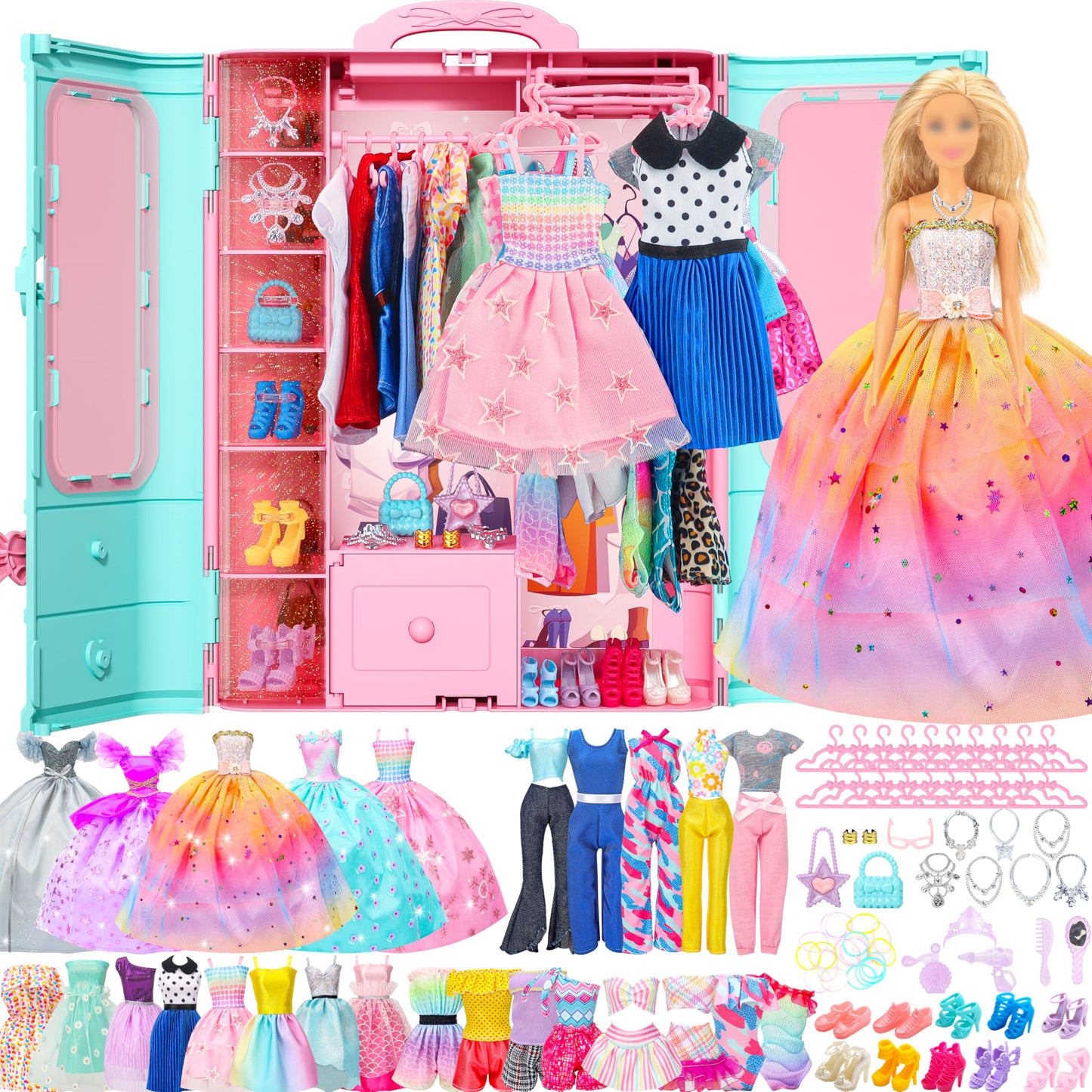 Style Shine 70 Pcs Doll Closet Playset – Clothes, Gowns, Dresses, Shoes & Accessories