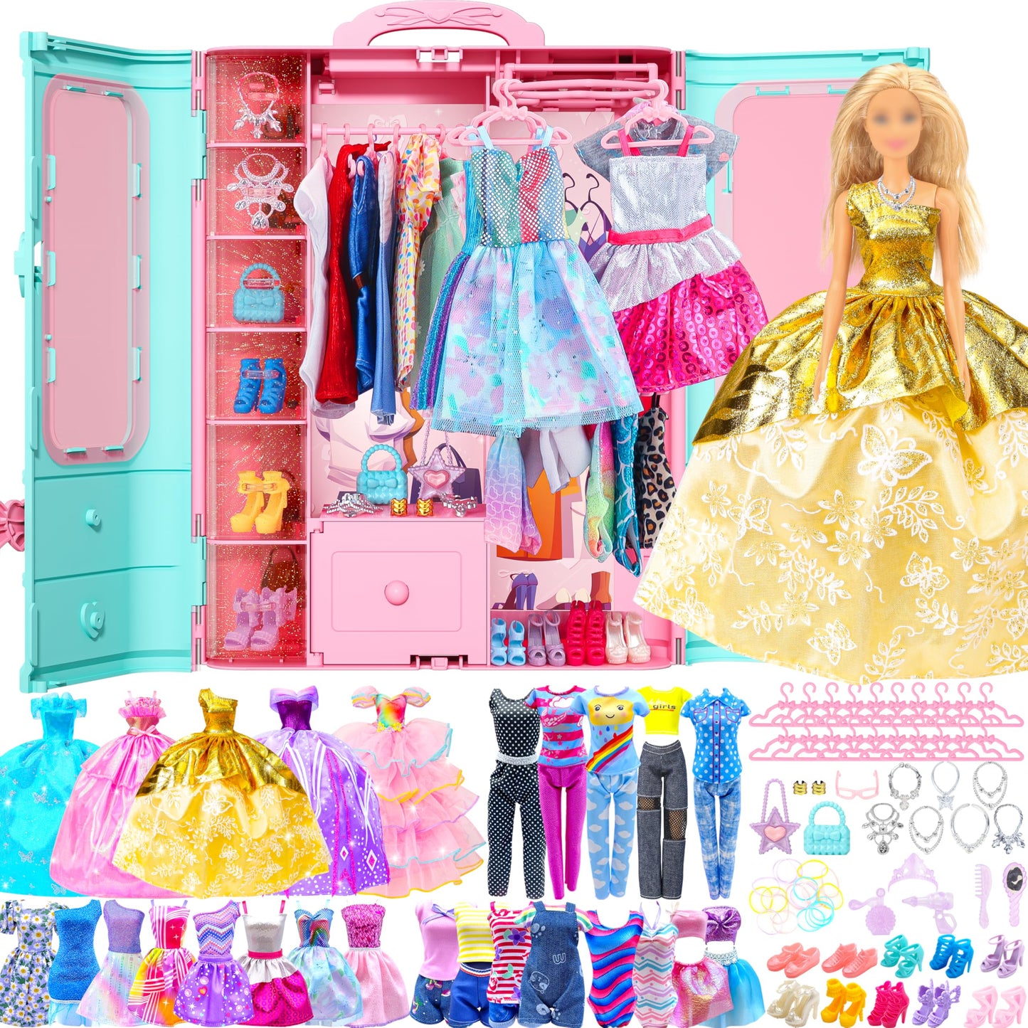 Style Shine 70 Pcs Doll Closet with Clothes & Accessories – Gowns & Dresses