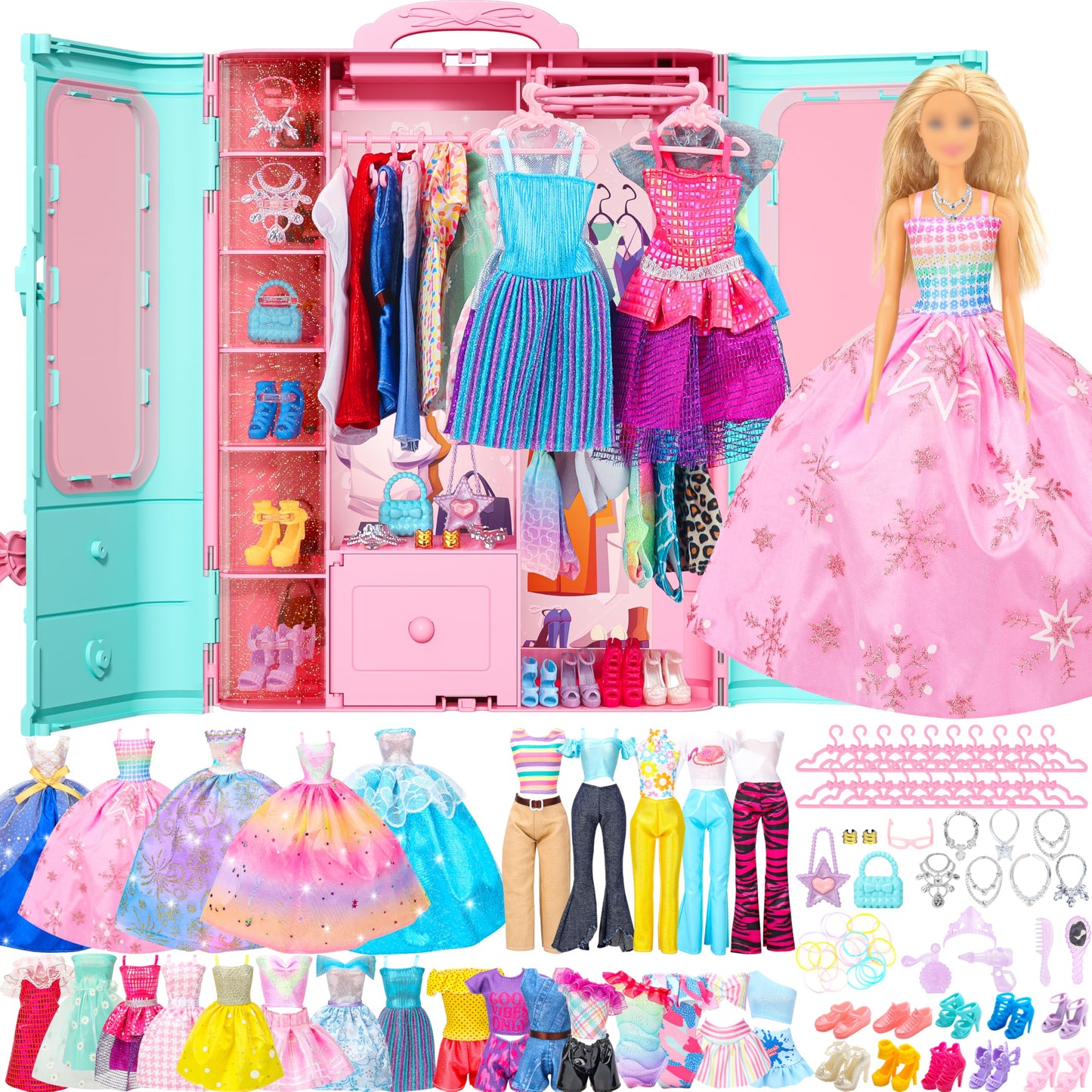 Style Shine 70-Pcs Doll Closet Playset – 2 Wedding Gowns, 6 Dresses, 27 Accessories