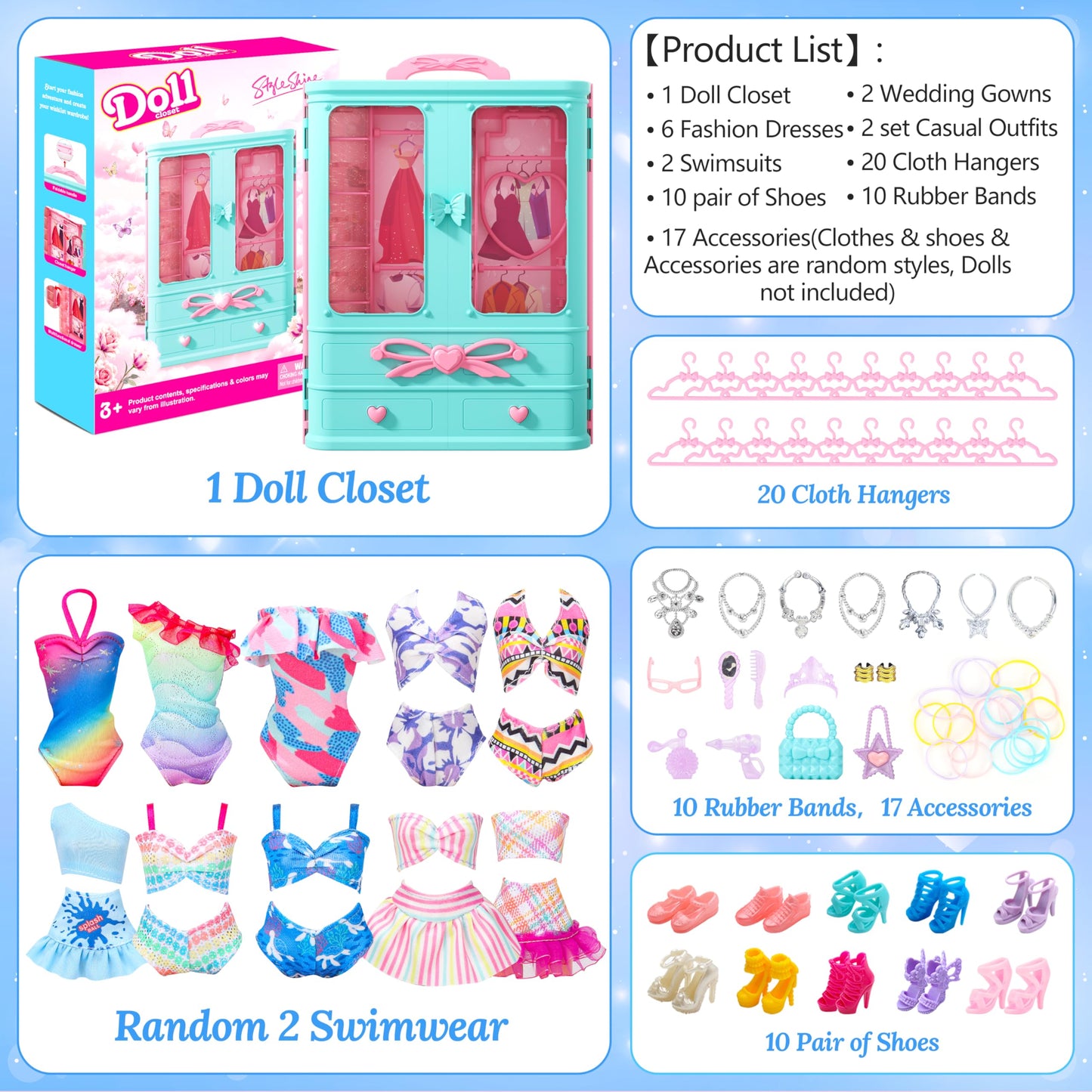 Style Shine 70 Pcs Doll Closet Playset – Clothes, Gowns, Dresses, Shoes & Accessories