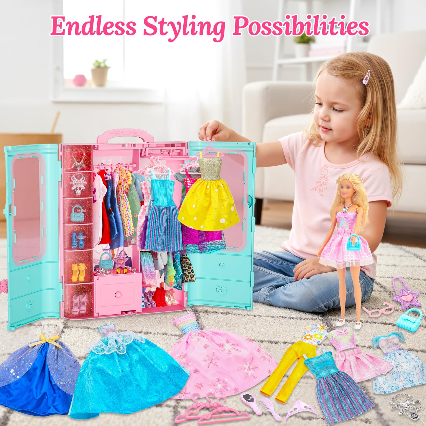 Style Shine 70-Pcs Doll Closet Playset – 2 Wedding Gowns, 6 Dresses, 27 Accessories