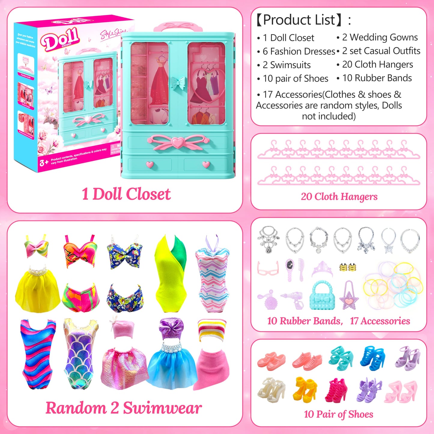 Style Shine 70 Pcs Doll Closet with Clothes & Accessories – Gowns & Dresses