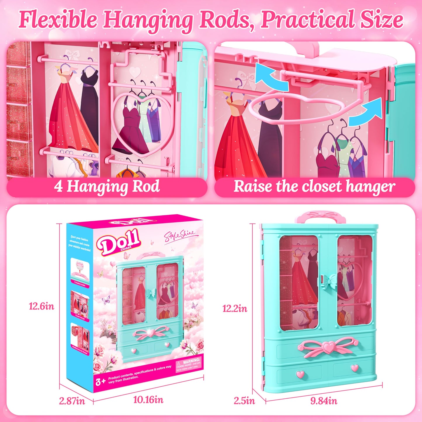 Style Shine 70-Pcs Doll Closet Playset – 2 Wedding Gowns, 6 Dresses, 27 Accessories
