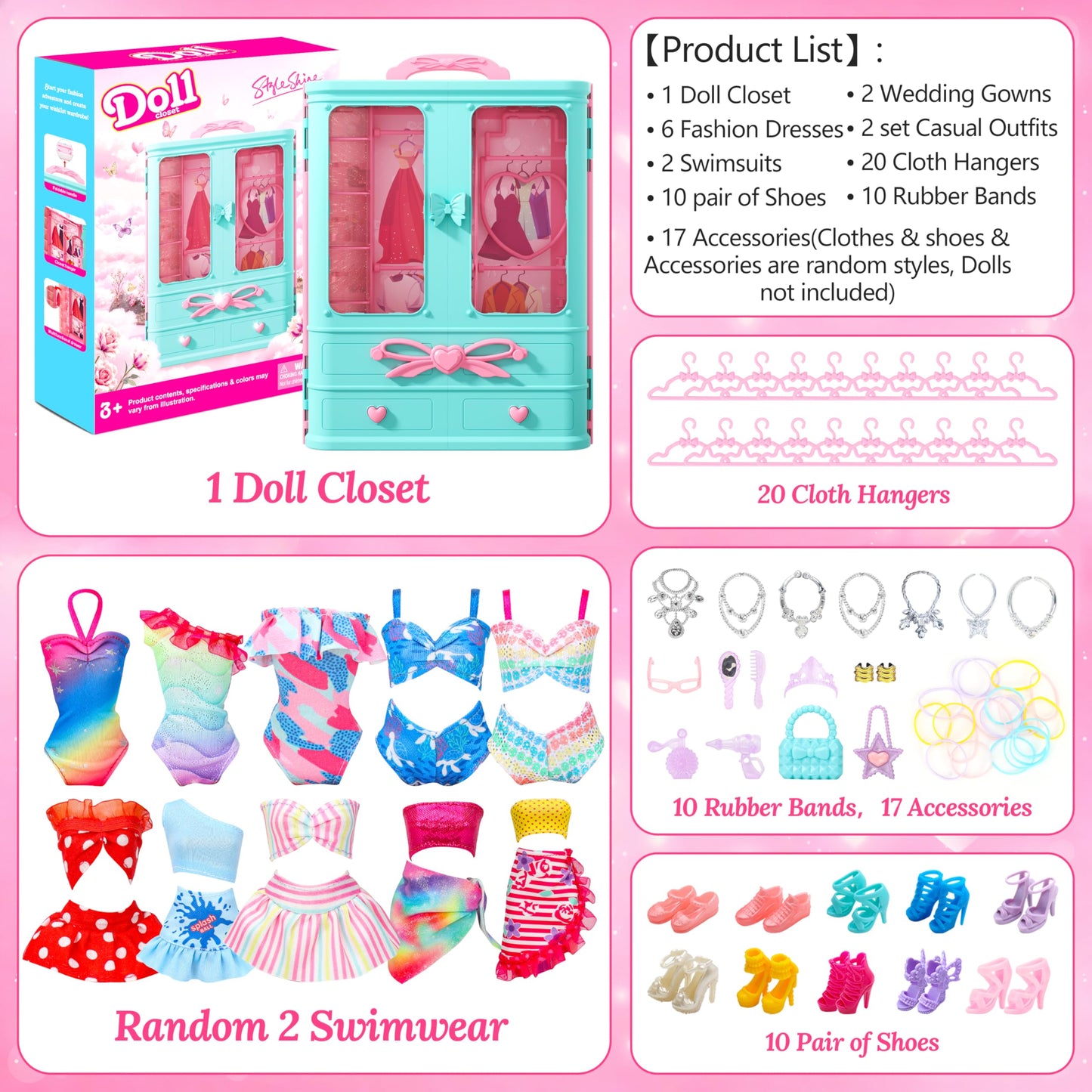 Style Shine 70-Pcs Doll Closet Playset – 2 Wedding Gowns, 6 Dresses, 27 Accessories