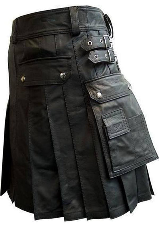 Stylish Black Leather Kilt Twin Cargo Pockets Cowhide Leather