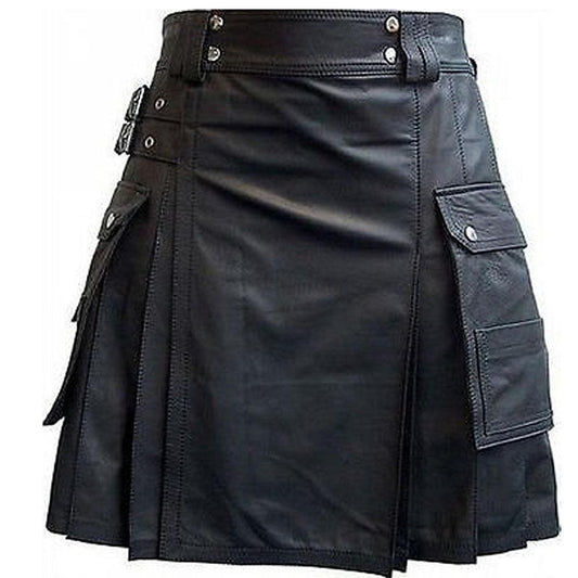 Stylish Black Leather Kilt Twin Cargo Pockets Cowhide Leather