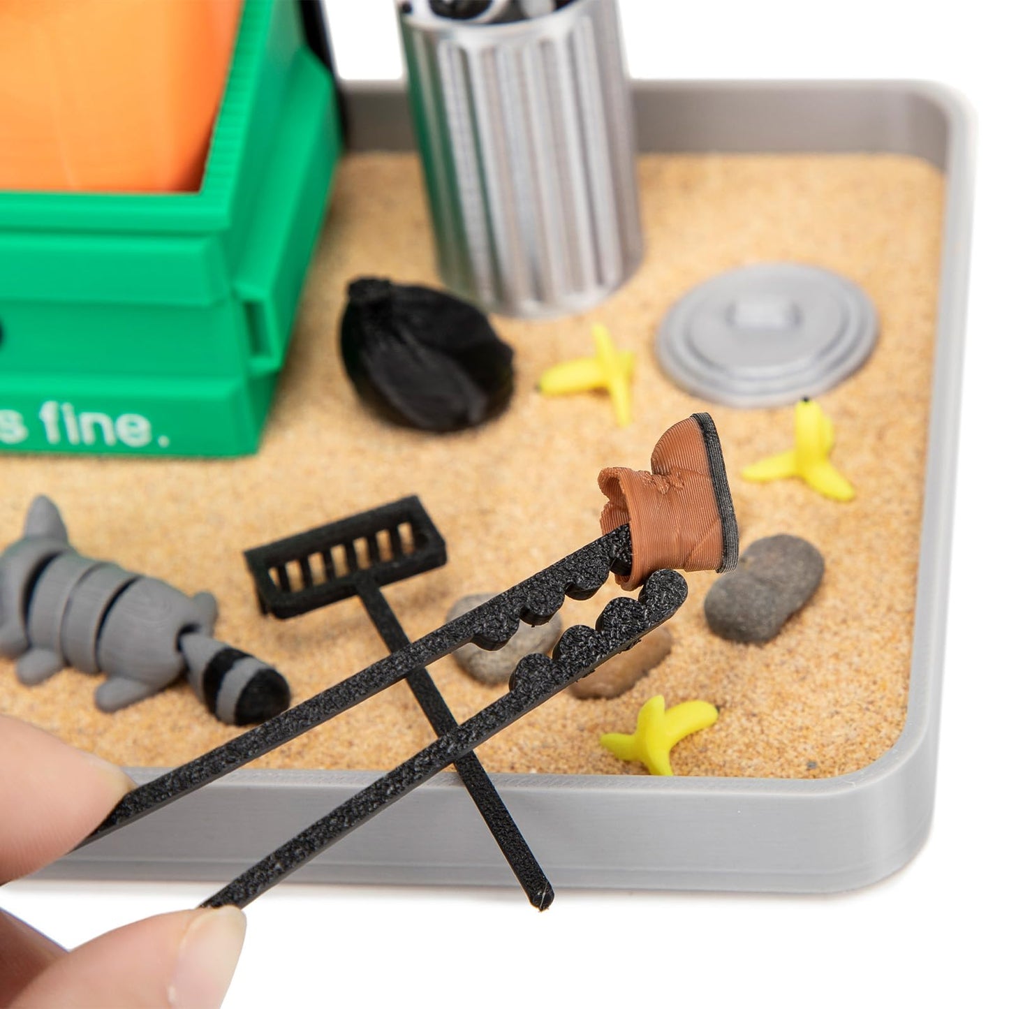 Stylor Dumpster Fire Zen Garden Desk Decor — 3D-Printed Mini Sandbox with Raccoons, Sand & Accessories