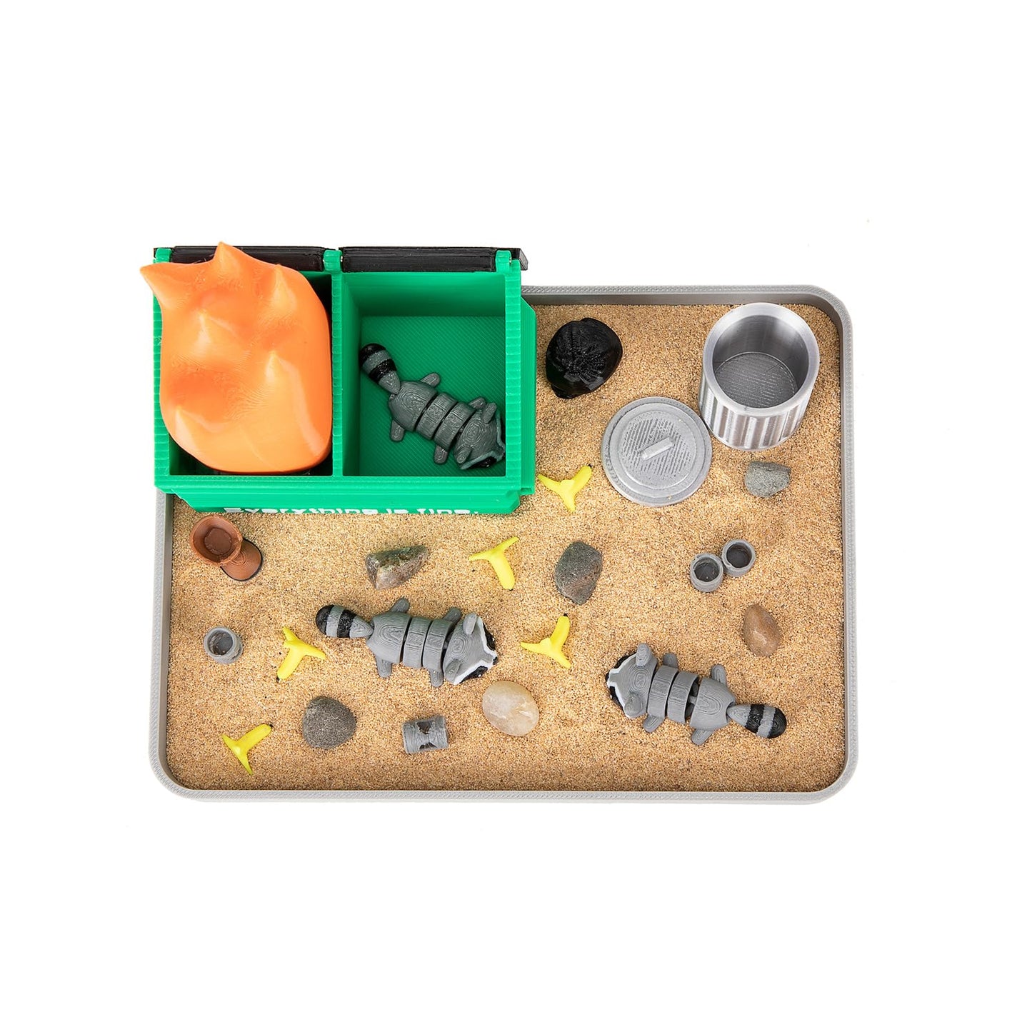 Stylor Dumpster Fire Zen Garden Desk Decor — 3D-Printed Mini Sandbox with Raccoons, Sand & Accessories