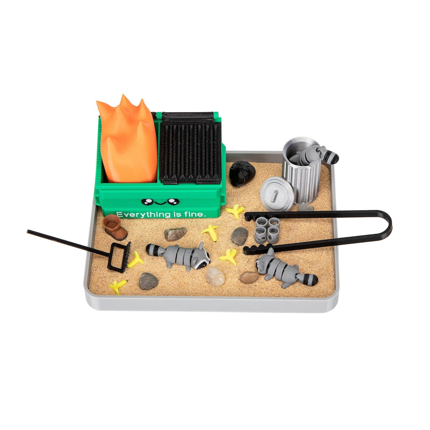 Stylor Dumpster Fire Zen Garden Desk Decor — 3D-Printed Mini Sandbox with Raccoons, Sand & Accessories