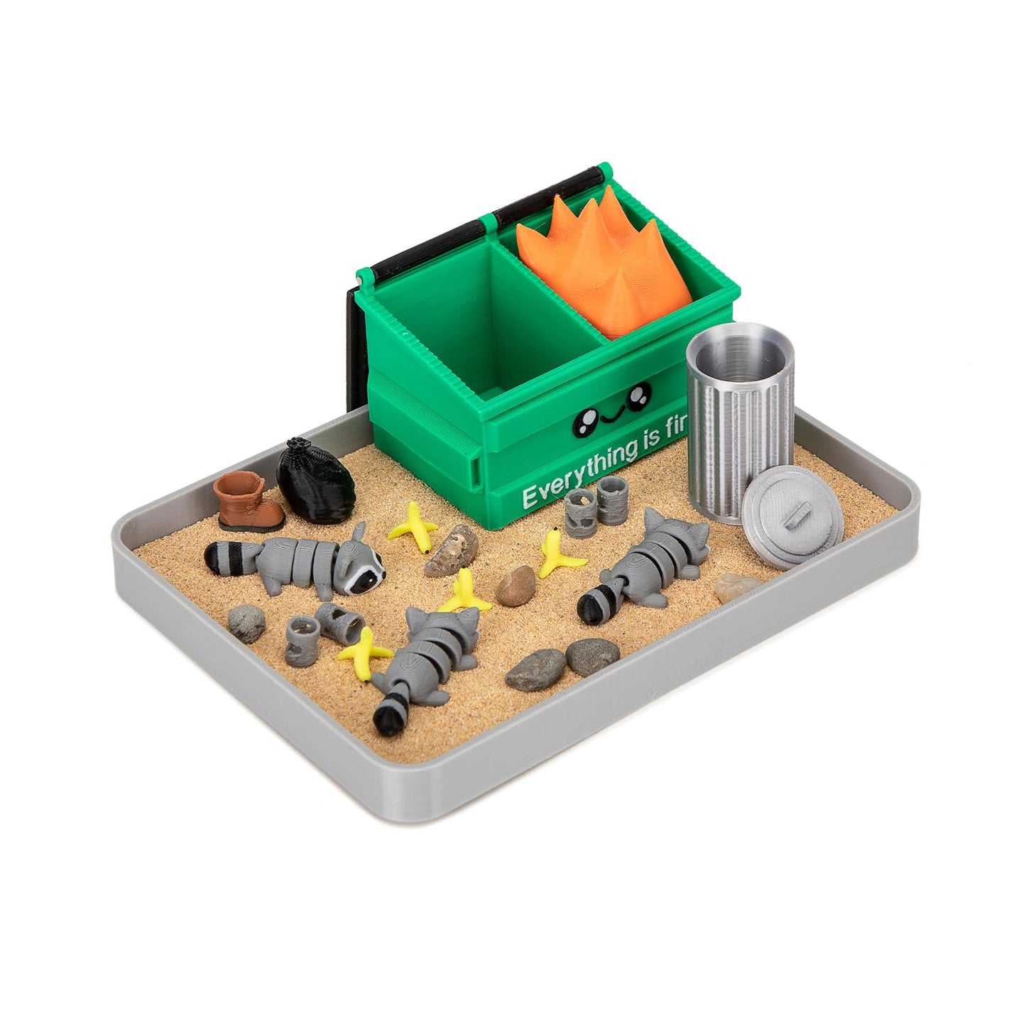 Stylor Dumpster Fire Zen Garden Desk Decor — 3D-Printed Mini Sandbox with Raccoons, Sand & Accessories