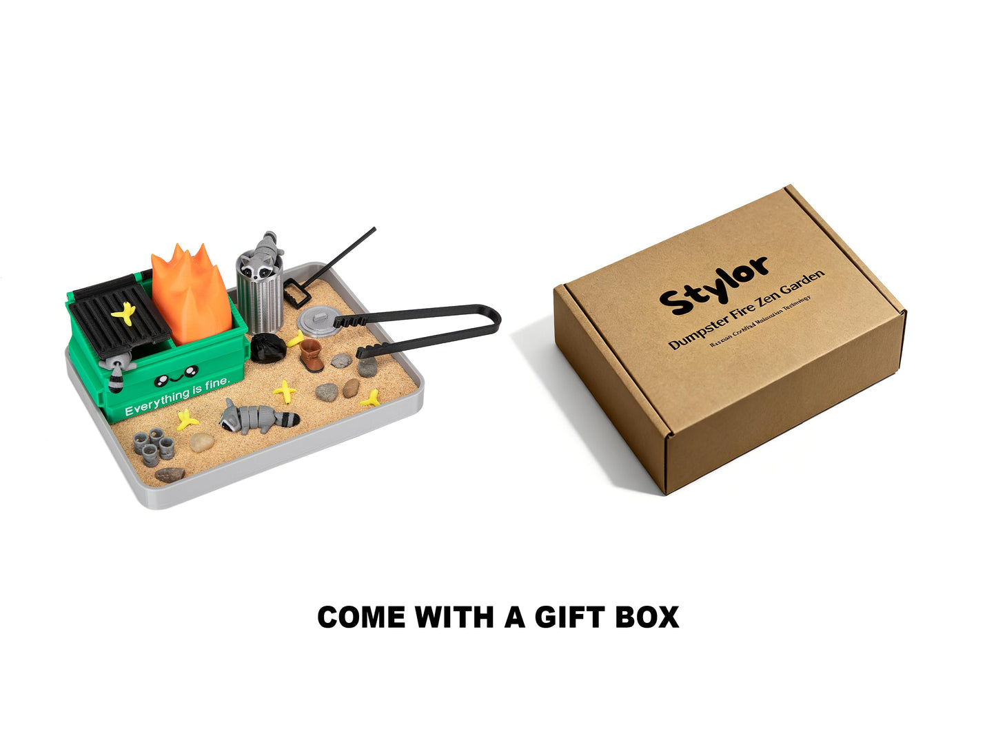 Stylor Dumpster Fire Zen Garden Desk Decor — 3D-Printed Mini Sandbox with Raccoons, Sand & Accessories