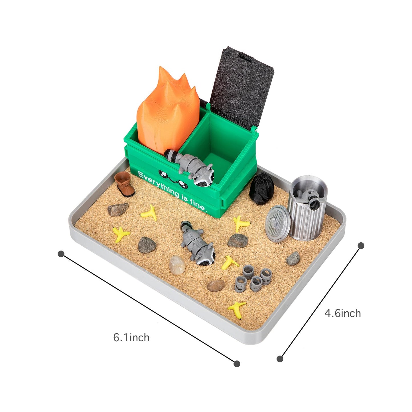 Stylor Dumpster Fire Zen Garden Desk Decor — 3D-Printed Mini Sandbox with Raccoons, Sand & Accessories