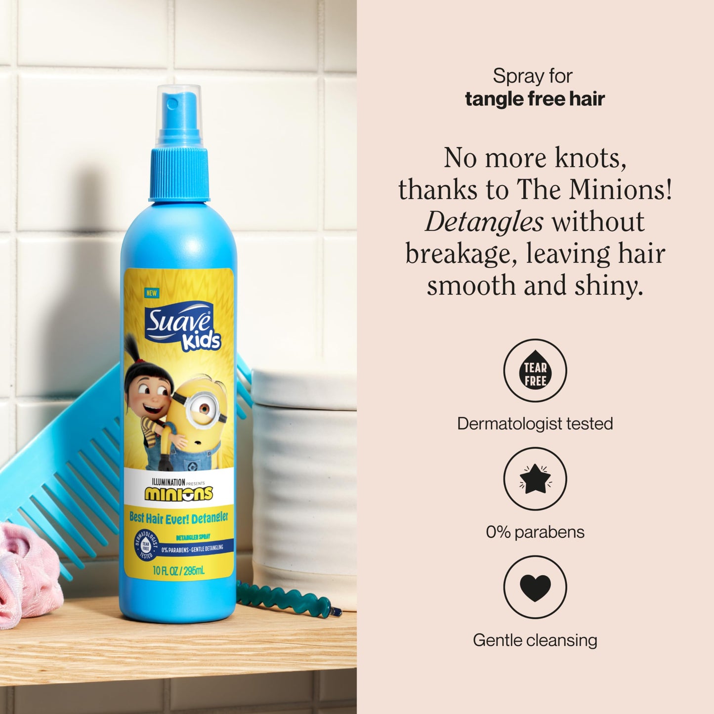 Suave Kids Detangler Spray Minions – Easy Knot Removal, Soft, Shiny Hair (10 oz, Pack of 6)