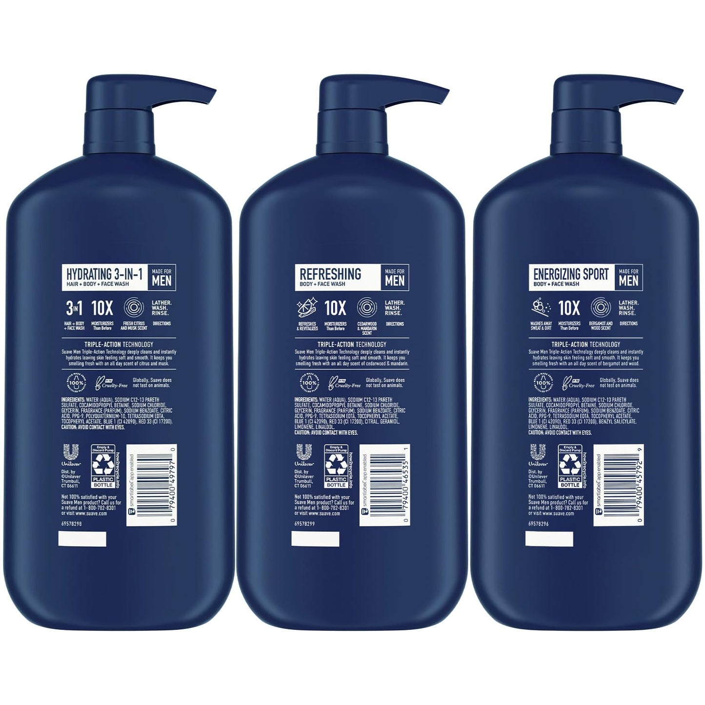 Suave Men 3-Pack: Energizing Sport, Refreshing Body + Face Wash, Hydrating 3-in-1 Hair + Body + Face Wash – 30 oz Each