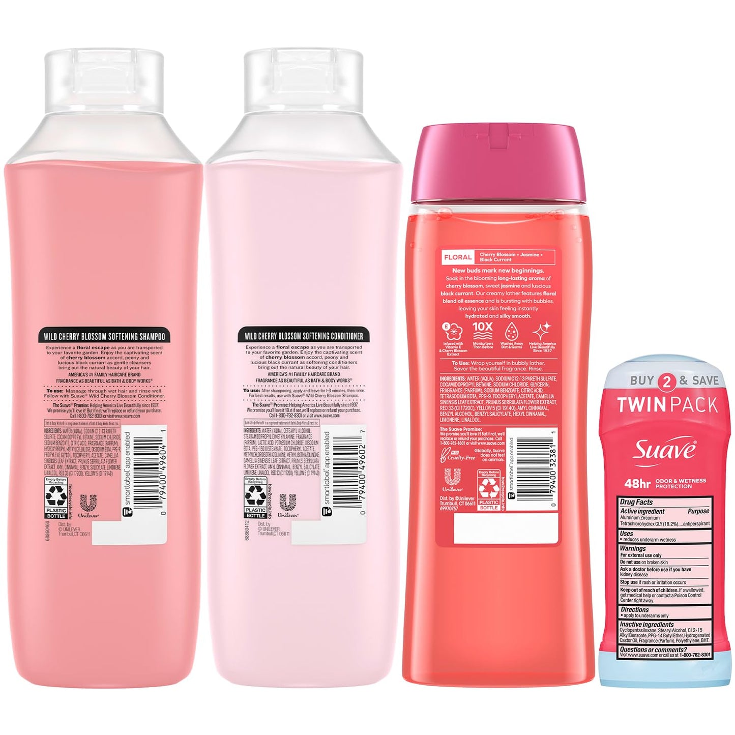 Suave Shampoo, Conditioner & Body Wash 2-Pack + Invisible Solid Deodorant – Wild Cherry Blossom
