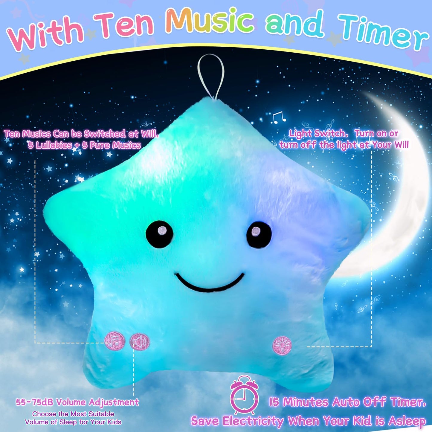 Subao 14-Inch Sensory Star Pillow with Light & Music – Calming Toy for Autism (Blue)