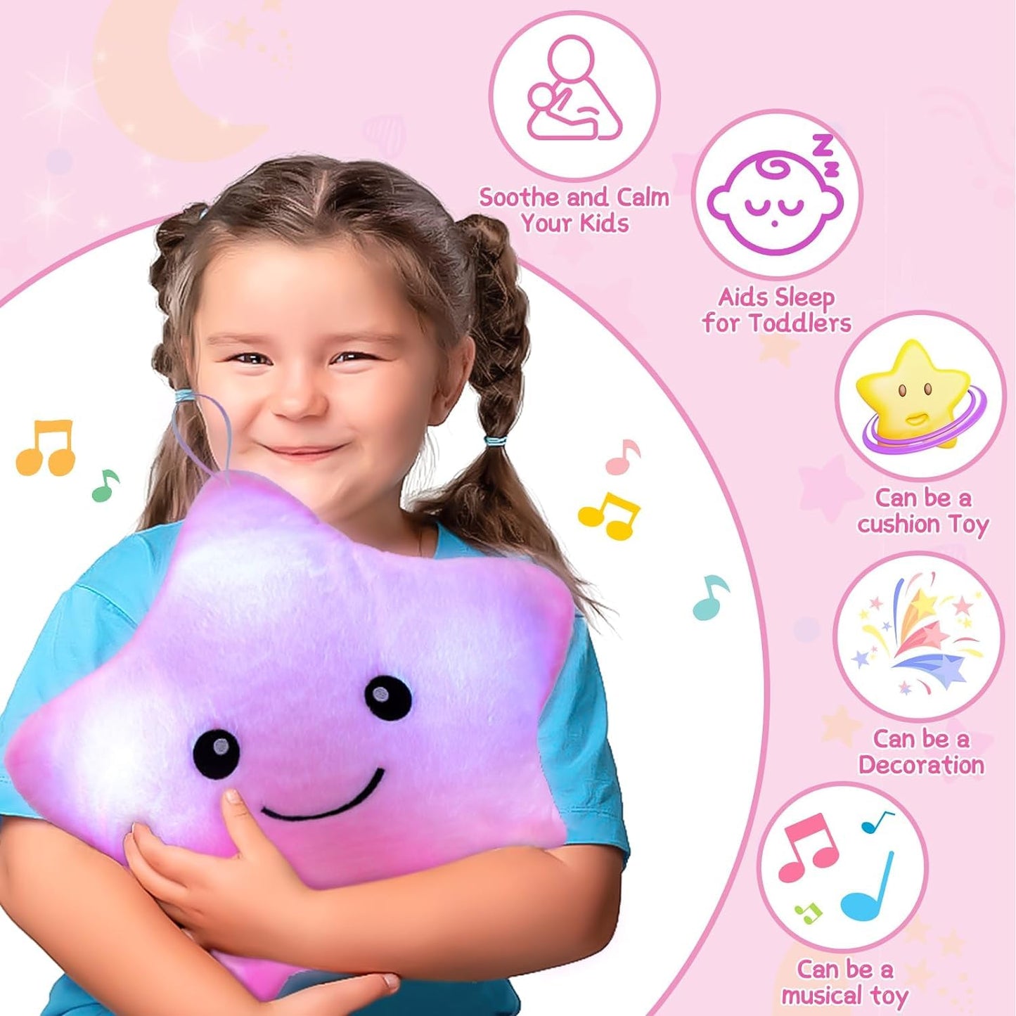 Subao Sensory Toys for Kids | 14” Twinkle Star Pillow with Light & Music