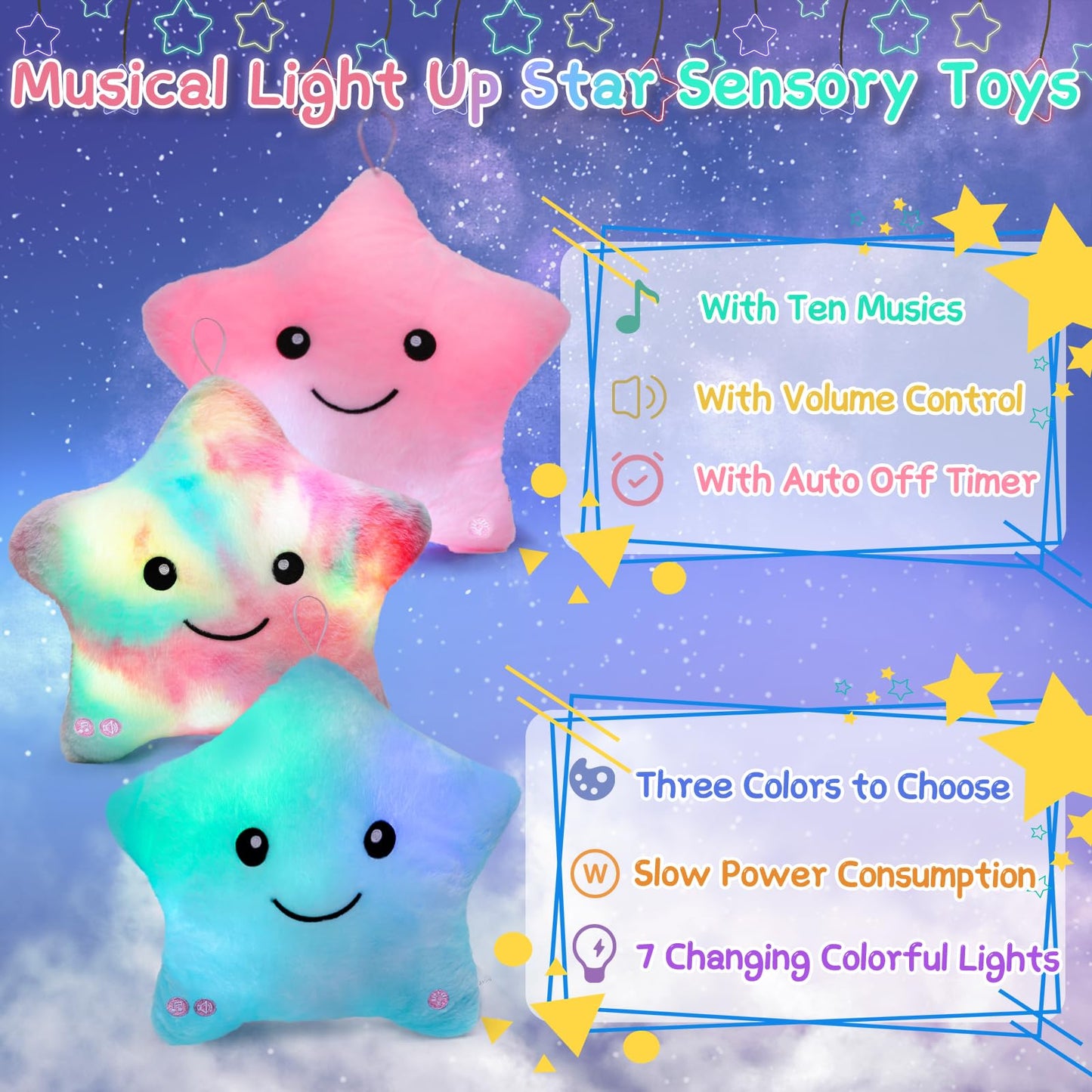 Subao Sensory Toys for Kids | 14” Twinkle Star Pillow with Light & Music